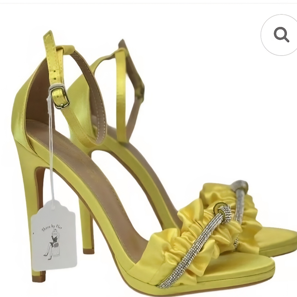 Cathy Din Yellow Rhinestone Stiletto Heels with Ankle Strap Ruffle Detail Size 8